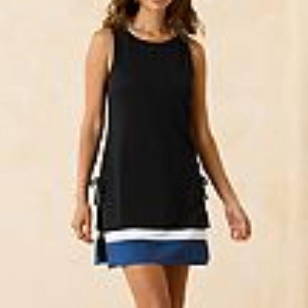 Tommy Bahama Black Sleeveless Layered Shift Dress with Blue & White Bands